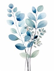 A tranquil botanical illustration featuring watercolor plants in soothing shades of blue, conveying a calm atmosphere.