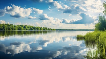 Expansive view of a serene lake reflecting fluffy clouds, bordered by lush greenery under a vibrant blue sky, conveying a sense of tranquility.