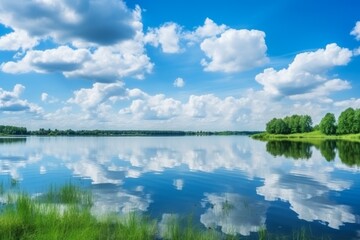 Calm waters of a lake reflecting the bright blue sky and fluffy clouds with a verdant forest on the horizon.