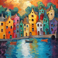 A painting of colorful buildings in a city with a river 