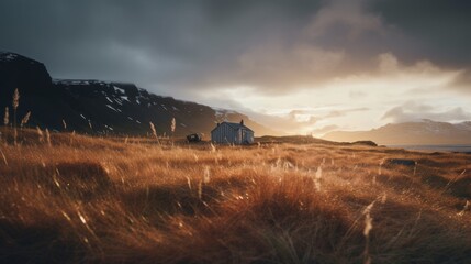A small cabin sits isolated in a golden field, lit by the soft glow of sunset with a dramatic mountain range in the backdrop.