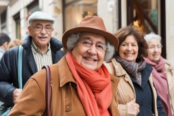 Happy senior people walking in the city. Old people lifestyle concept.