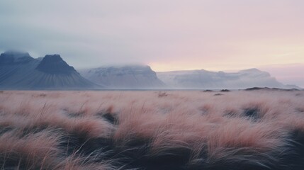 Twilight settles over a mystical landscape, feathered grass in the foreground contrasts with the soft shapes of distant mountains under a pastel sky.