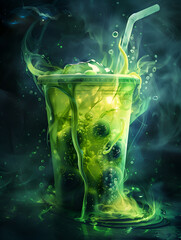 large cup of green, glowing, toxic, poison bubble tea - obrazy, fototapety, plakaty