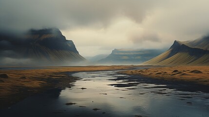 Dusk casts a somber mood over a scene with mountains overlooking a dark riverbed in a desolate landscape.