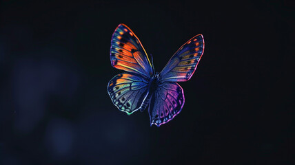 A lone neon butterfly drifting through the darkness, its radiant colors glowing softly against the black canvas of the night