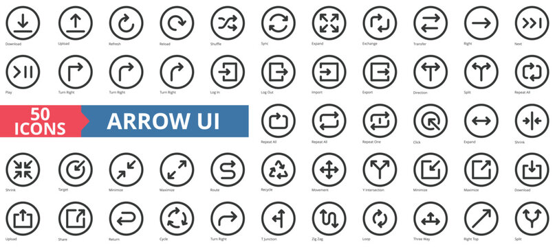 Arrow icon collection set. Containing download, upload, refresh, reload, shuffle, sync, expand icon. Simple line vector.