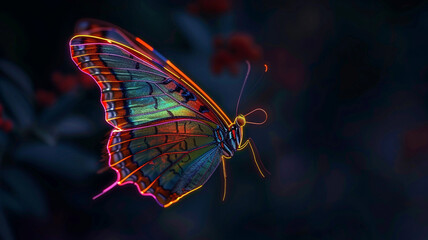 A solitary neon butterfly hovering in the darkness, its radiant colors standing out vividly against the blackness of the night