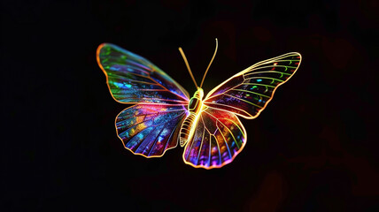 A solitary neon butterfly suspended in mid-air, its vibrant colors creating a stunning contrast against the blackness of the night
