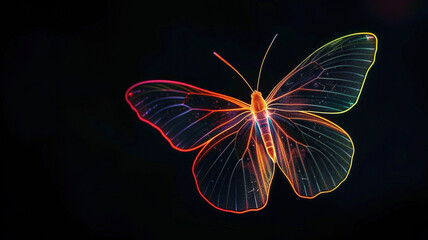 : A solitary neon butterfly suspended in the darkness, its radiant colors creating a striking contrast against the black background