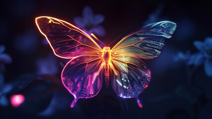  The gentle glow of a neon butterfly against the darkness, its radiant colors shimmering like a jewel in the night