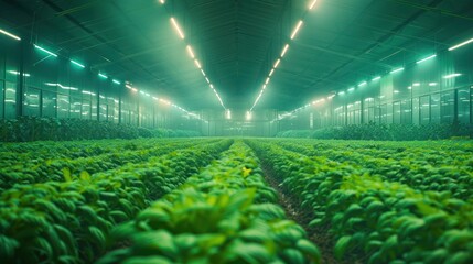 Modern vegetable farming in a greenhouse with neon lights.