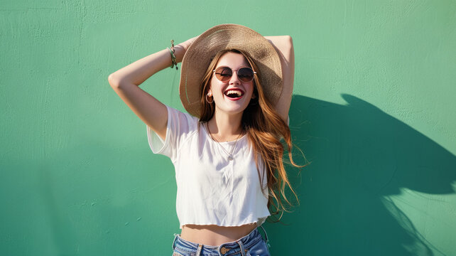 Happy woman with trendy style against green background