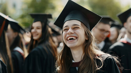 Fototapeta premium young asian woman in cap and gown laughing, with a crowd of graduates in the background