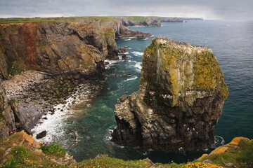 High angle shot of an elegug stacks. rock formation in pembrokeshire, south wales UK