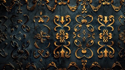 Luxurious golden floral patterns on textured black background