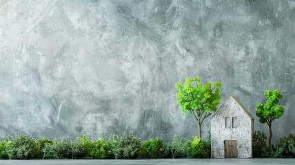 Miniature house model with green trees on gray textured background - obrazy, fototapety, plakaty