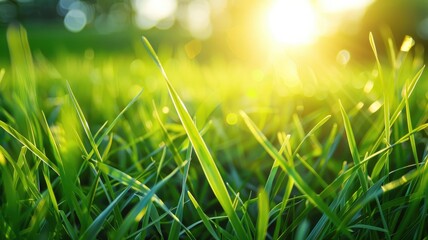 Sunlight streaming through fresh green grass at dawn - obrazy, fototapety, plakaty