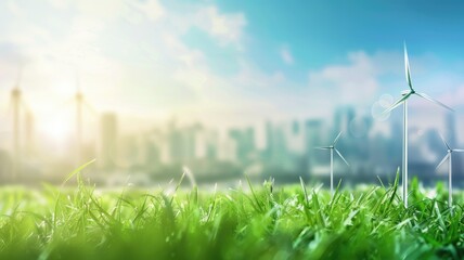 Wind turbines in grassy field with city skyline and clear sky background - obrazy, fototapety, plakaty
