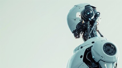 Futuristic robot with humanoid head and torso equipped cameras sensors - obrazy, fototapety, plakaty