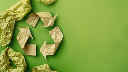 Crumpled paper arranged into recycle symbol on green background - obrazy, fototapety, plakaty