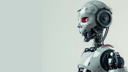 Profile of futuristic robot with human-like head and red eye - obrazy, fototapety, plakaty