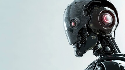 Close-up of humanoid robot head with intricate mechanical details and glowing red eyes - obrazy, fototapety, plakaty