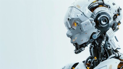Sophisticated robot head with intricate mechanical details on white background - obrazy, fototapety, plakaty