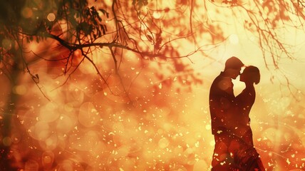 Silhouette of couple embracing under tree with warm, bokeh lighting effect - obrazy, fototapety, plakaty