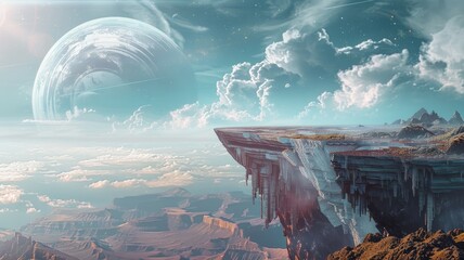 Futuristic floating landmass with giant planet in sky above alien landscape - obrazy, fototapety, plakaty