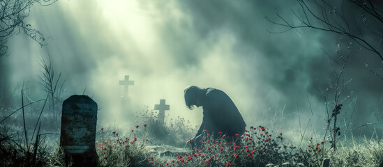 Person Mourning at an Old Misty Gravesite with Light coming from Above - obrazy, fototapety, plakaty