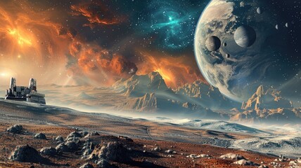 Futuristic landscape with space elements and celestial bodies looming over alien terrain structures - obrazy, fototapety, plakaty