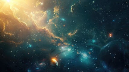 Vibrant cosmic scene with beautiful nebulae, bright stars, and celestial bodies - obrazy, fototapety, plakaty