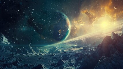 Futuristic alien landscape with celestial bodies and ice-covered terrain under starry sky - obrazy, fototapety, plakaty