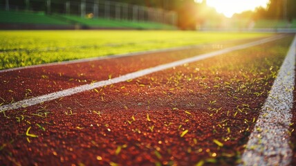 Sunlight on outdoor running track with green field in background - obrazy, fototapety, plakaty