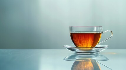 Clear glass cup of tea on reflective surface with grey background - obrazy, fototapety, plakaty