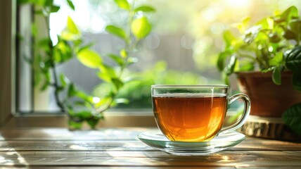 Cup of tea on sunny windowsill surrounded by green plants - obrazy, fototapety, plakaty