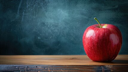 Fresh red apple with water droplets on wooden surface against dark textured background - obrazy, fototapety, plakaty