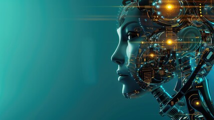 Digital artwork of female humanoid robot profile with intricate circuitry and mechanical details against blue background - obrazy, fototapety, plakaty
