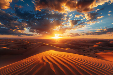 Spectacular Sunset over Sand Dunes in Desert Landscape Orange Blue Gold - obrazy, fototapety, plakaty