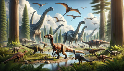 Prehistoric Dinosaurs Roaming in a Jurassic Landscape - obrazy, fototapety, plakaty