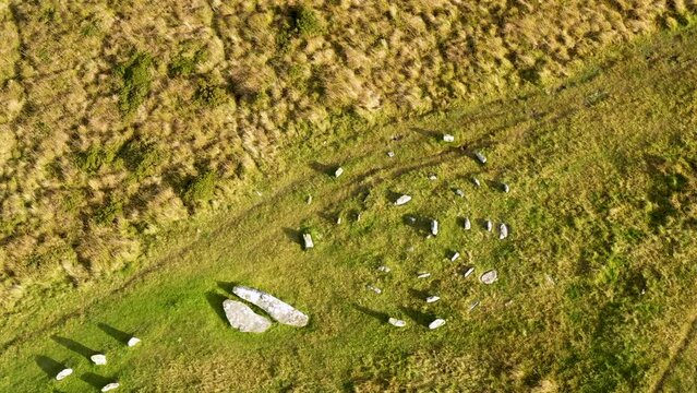 Shovel Down stone rows, Dartmoor. Probably Bronze Age. Aerial video fly up from Fourfold Circle where high end of Rows 3 and 2 join low end of Row 4