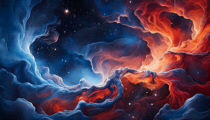 A deep space view of a colorful nebula, with swirling clouds of gas and dust - obrazy, fototapety, plakaty