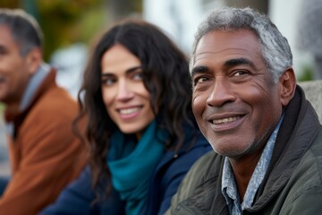 Outdoor portrait of smiling senior man with his wife and friends.