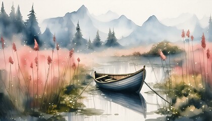 A serene winter scene depicted in watercolor style. A small boat is nestled 