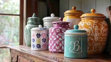 A variety of personalized kitchen canisters each one handpainted with a customers initials..