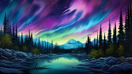 A breathtaking view of the Northern Lights dancing across the night sky, painting it with vibrant...