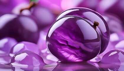 An elegant image of a carved plum made of deep purple amethyst, with a smooth and reflective