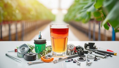 Focus on realistic glass with delicious beverage and spare parts in foreground