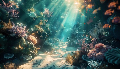 Fototapeta na wymiar Capture the essence of a digital aquatic realm, with a play of light and shadow, using unexpected camera angles to evoke the sensation of exploring an otherworldly dimension